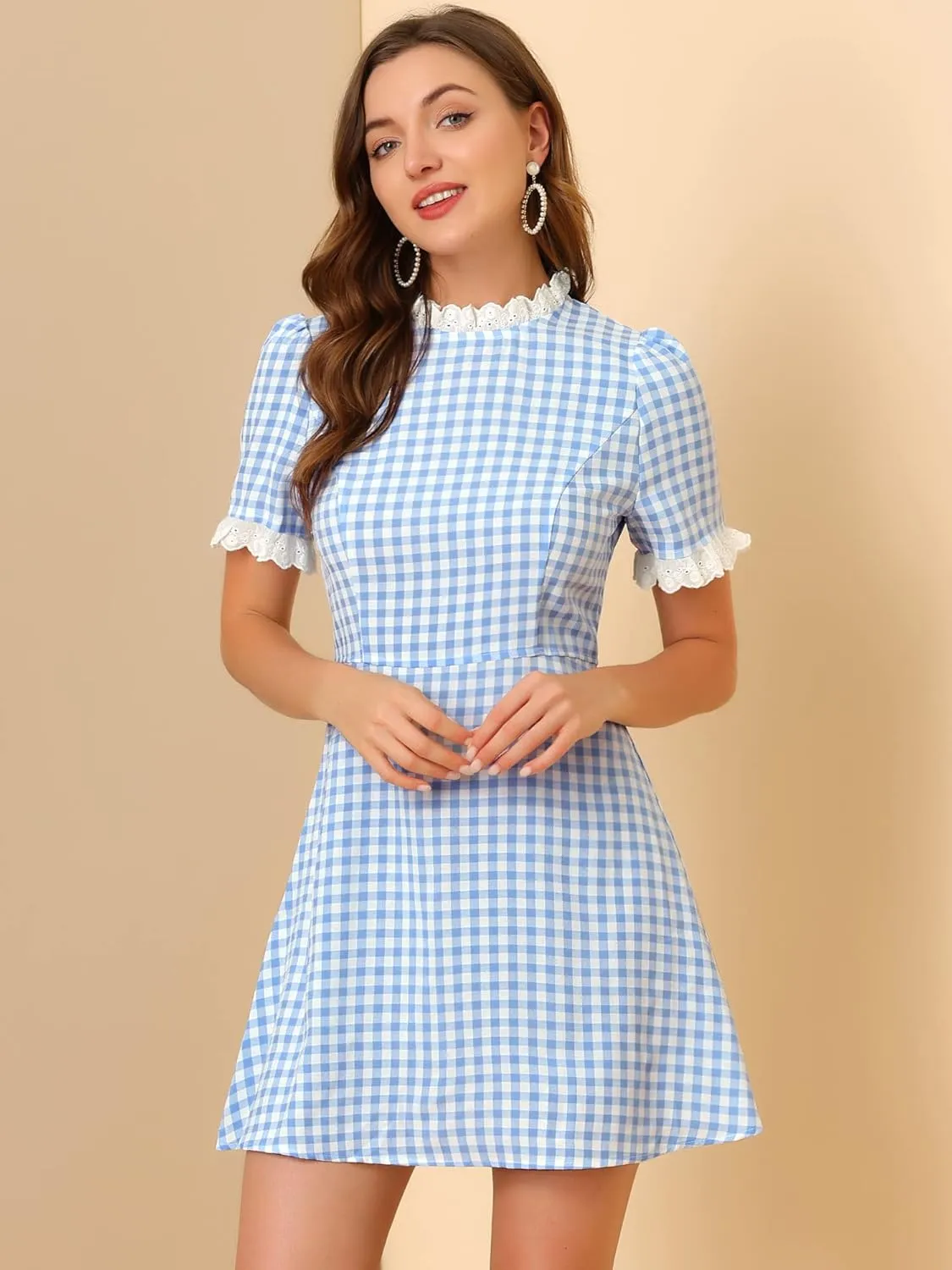 Allegra K Women's Halloween Dorothy Dress Costume Summer Ruffle Neck Lace Panel Short Sleeve Check Gingham Dress