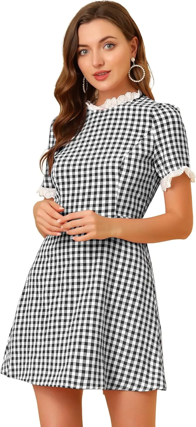 Allegra K Women's Halloween Dorothy Dress Costume Summer Ruffle Neck Lace Panel Short Sleeve Check Gingham Dress