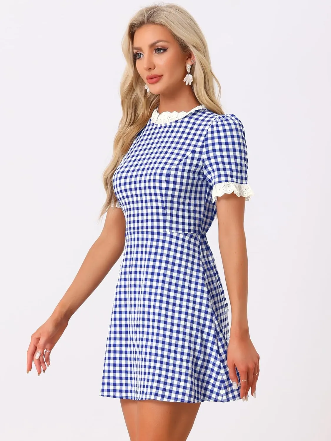 Allegra K Women's Halloween Dorothy Dress Costume Summer Ruffle Neck Lace Panel Short Sleeve Check Gingham Dress