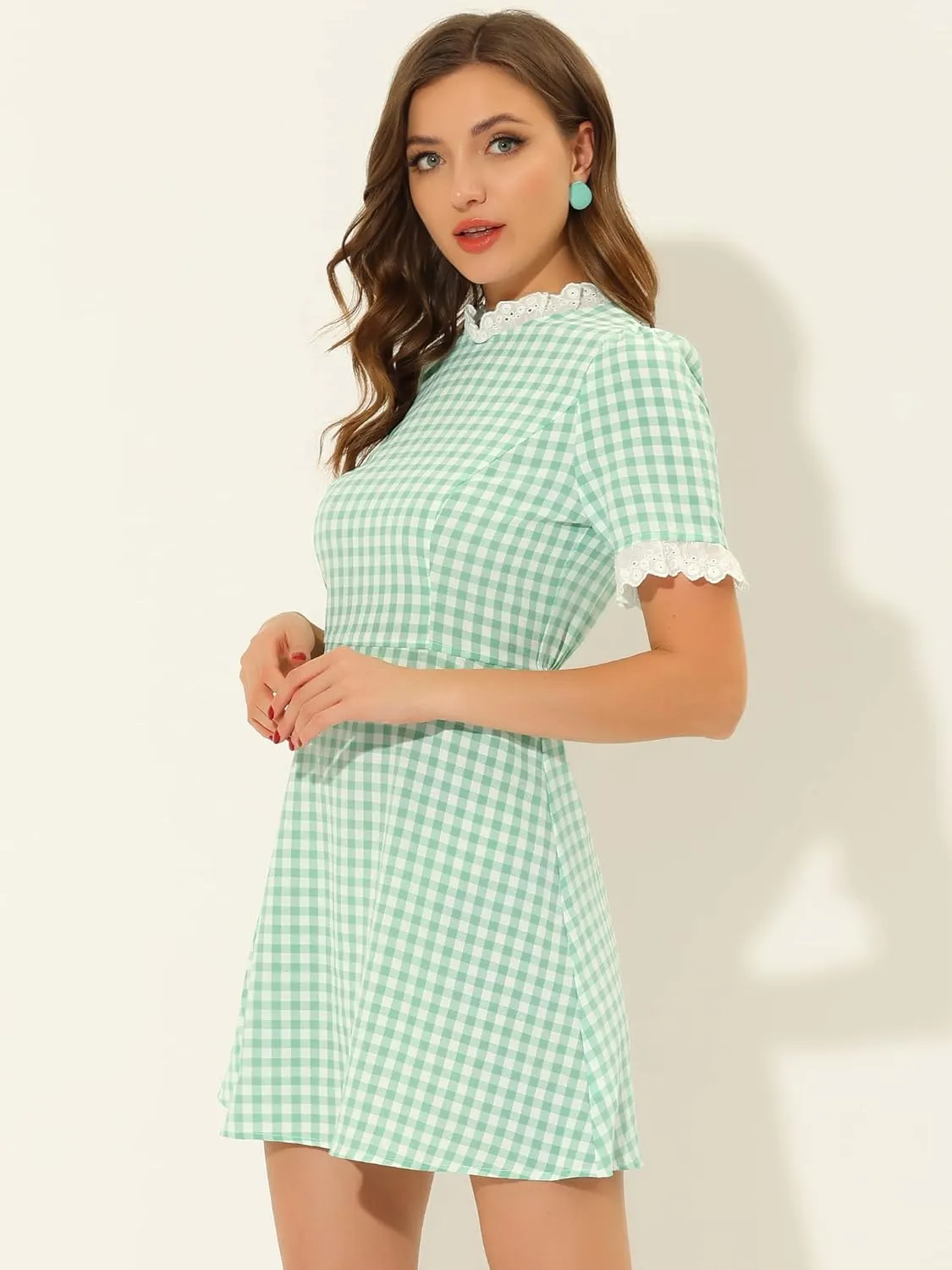 Allegra K Women's Halloween Dorothy Dress Costume Summer Ruffle Neck Lace Panel Short Sleeve Check Gingham Dress