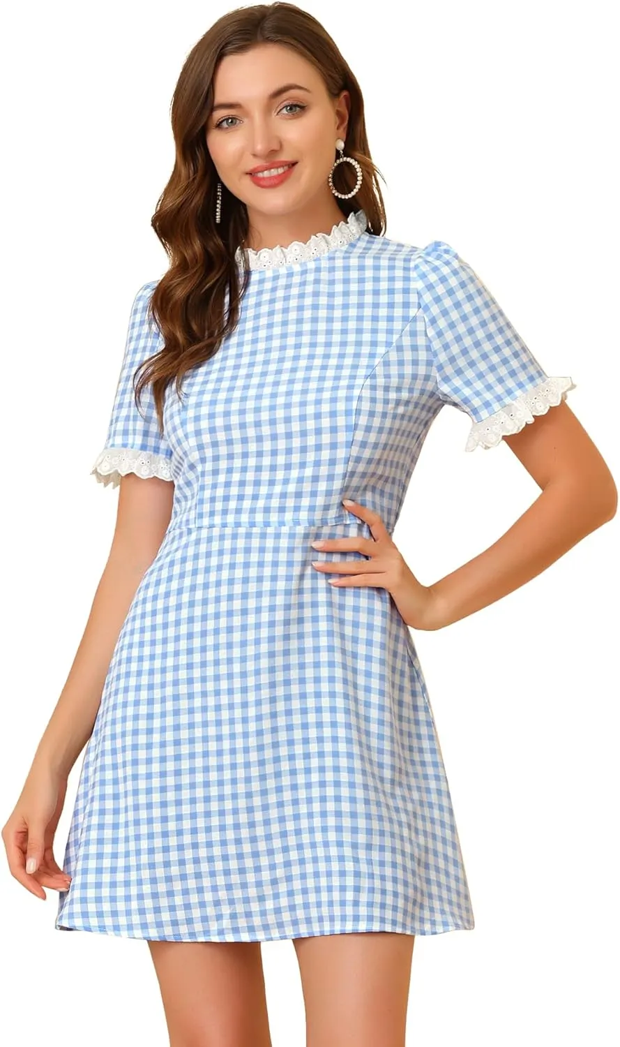 Allegra K Women's Halloween Dorothy Dress Costume Summer Ruffle Neck Lace Panel Short Sleeve Check Gingham Dress