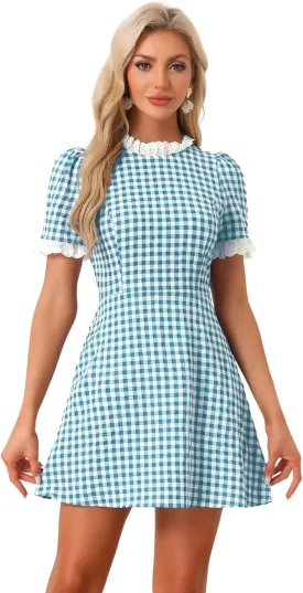 Allegra K Women's Halloween Dorothy Dress Costume Summer Ruffle Neck Lace Panel Short Sleeve Check Gingham Dress