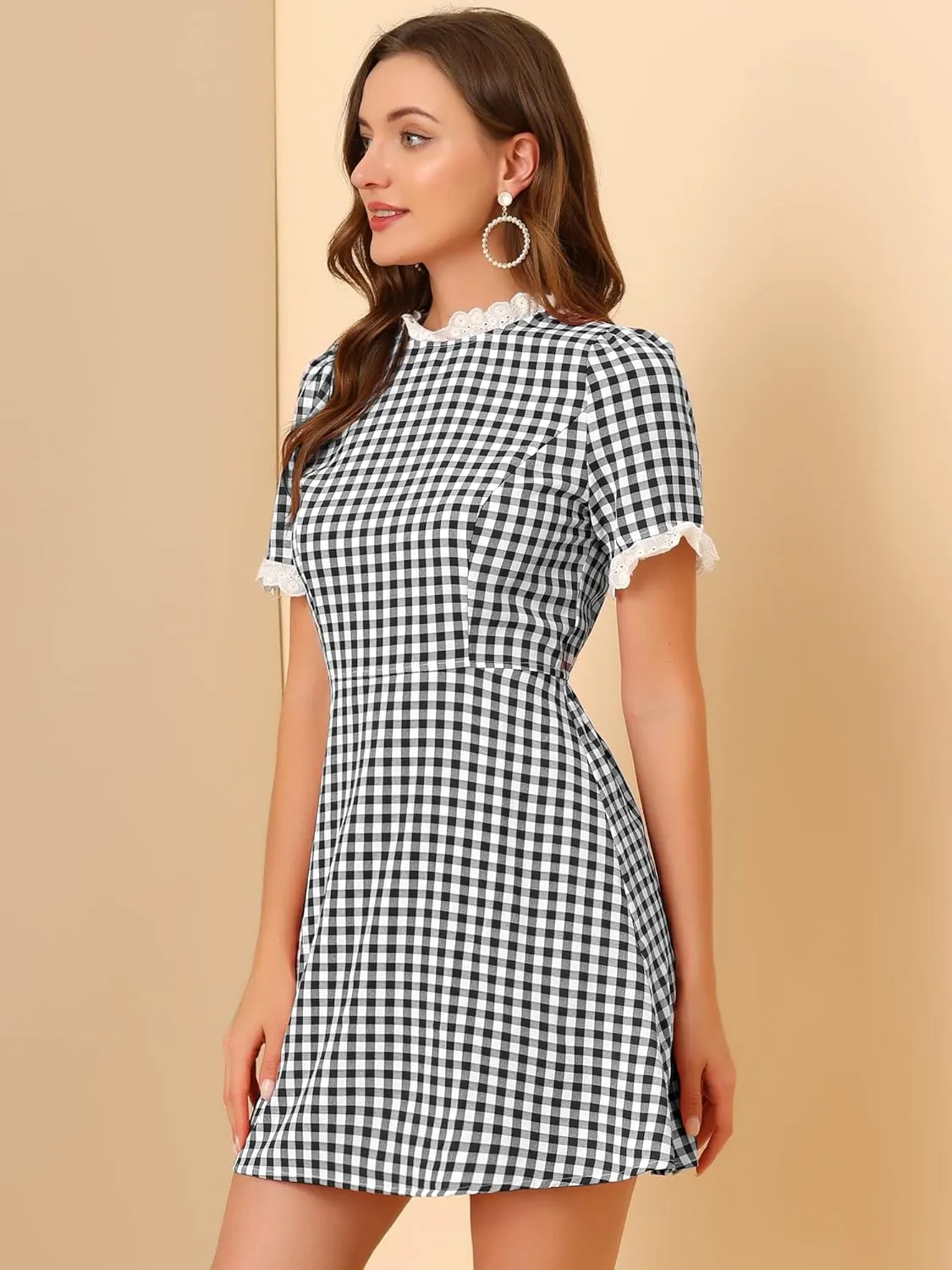 Allegra K Women's Halloween Dorothy Dress Costume Summer Ruffle Neck Lace Panel Short Sleeve Check Gingham Dress
