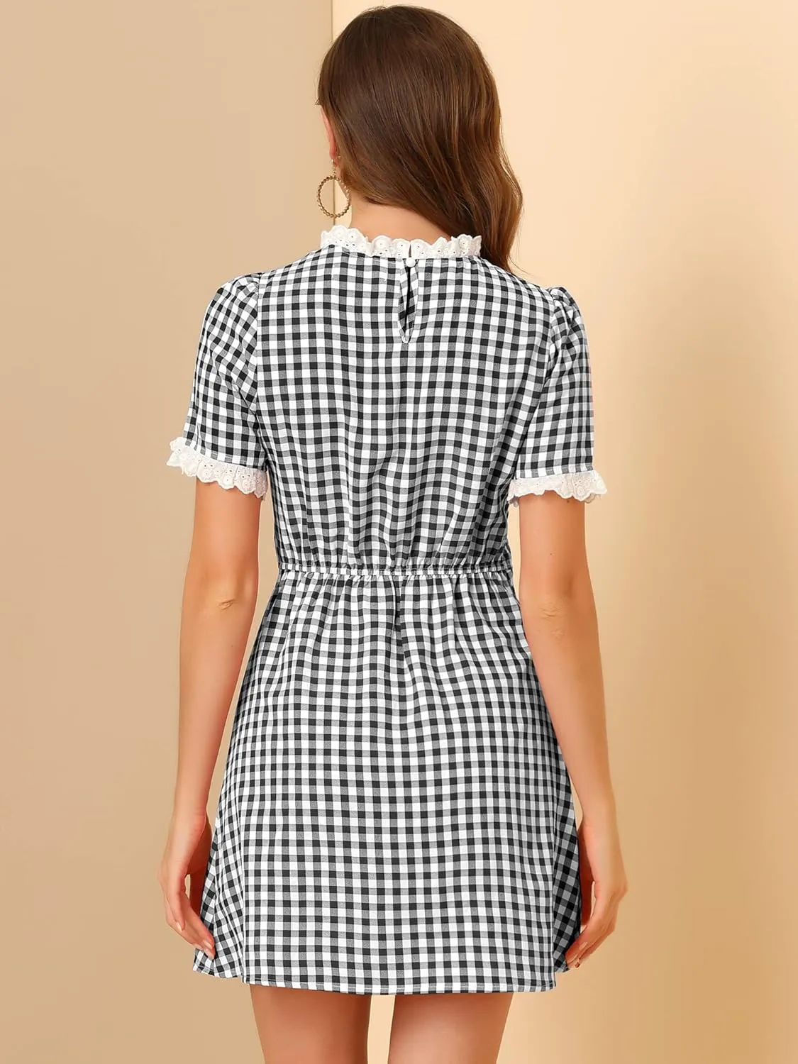 Allegra K Women's Halloween Dorothy Dress Costume Summer Ruffle Neck Lace Panel Short Sleeve Check Gingham Dress