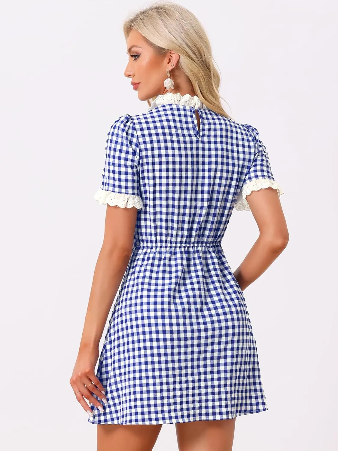 Allegra K Women's Halloween Dorothy Dress Costume Summer Ruffle Neck Lace Panel Short Sleeve Check Gingham Dress