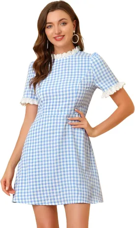 Allegra K Women's Halloween Dorothy Dress Costume Summer Ruffle Neck Lace Panel Short Sleeve Check Gingham Dress