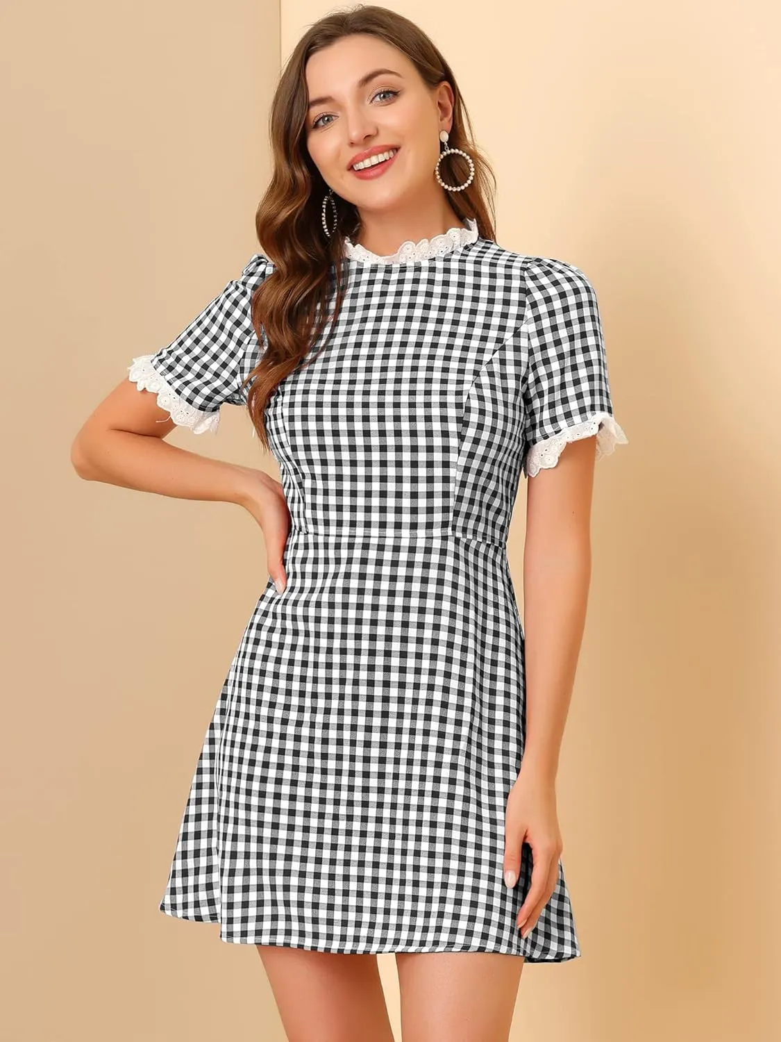 Allegra K Women's Halloween Dorothy Dress Costume Summer Ruffle Neck Lace Panel Short Sleeve Check Gingham Dress