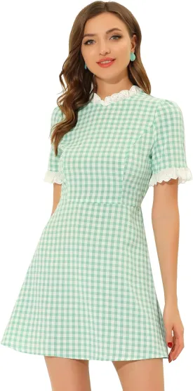 Allegra K Women's Halloween Dorothy Dress Costume Summer Ruffle Neck Lace Panel Short Sleeve Check Gingham Dress