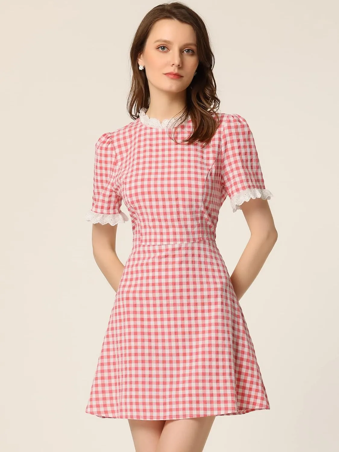 Allegra K Women's Halloween Dorothy Dress Costume Summer Ruffle Neck Lace Panel Short Sleeve Check Gingham Dress