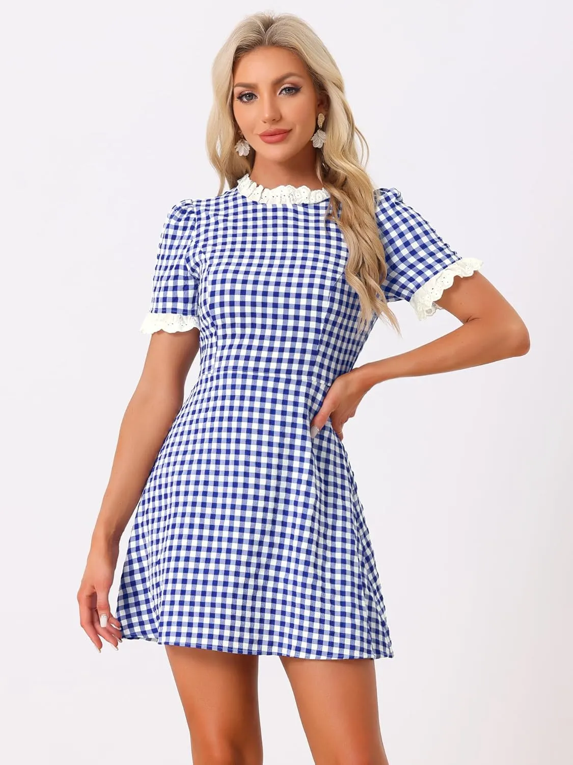 Allegra K Women's Halloween Dorothy Dress Costume Summer Ruffle Neck Lace Panel Short Sleeve Check Gingham Dress