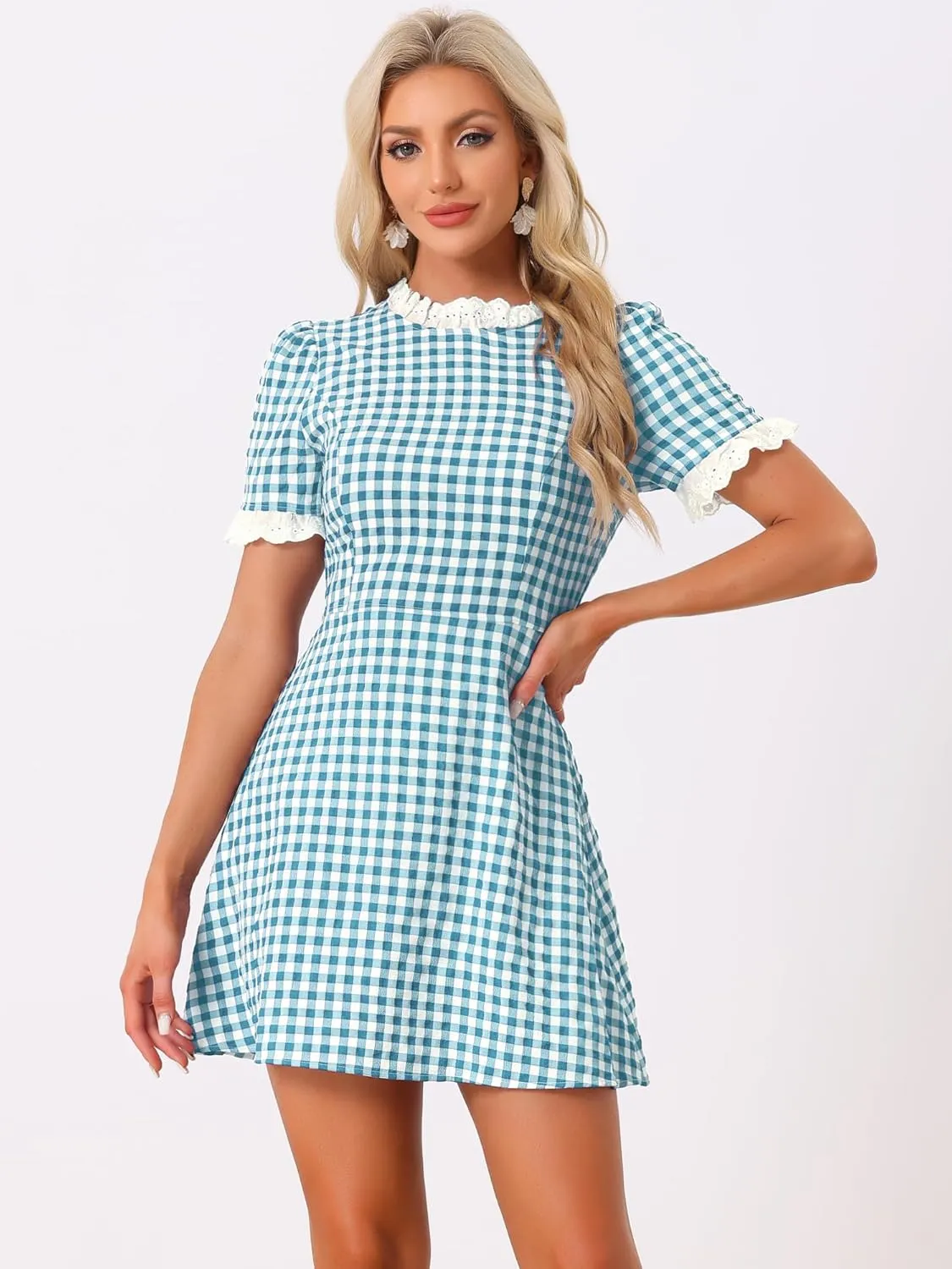Allegra K Women's Halloween Dorothy Dress Costume Summer Ruffle Neck Lace Panel Short Sleeve Check Gingham Dress