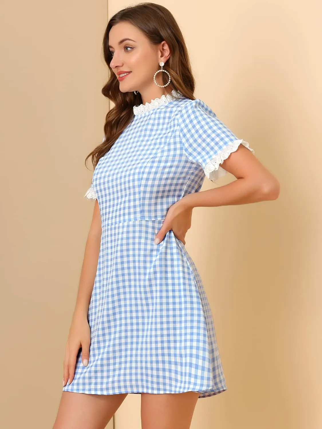 Allegra K Women's Halloween Dorothy Dress Costume Summer Ruffle Neck Lace Panel Short Sleeve Check Gingham Dress