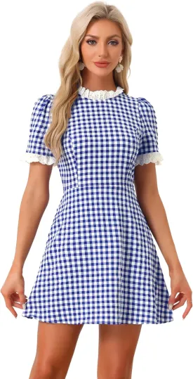 Allegra K Women's Halloween Dorothy Dress Costume Summer Ruffle Neck Lace Panel Short Sleeve Check Gingham Dress