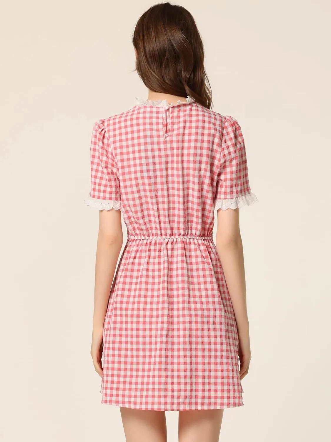 Allegra K Women's Halloween Dorothy Dress Costume Summer Ruffle Neck Lace Panel Short Sleeve Check Gingham Dress
