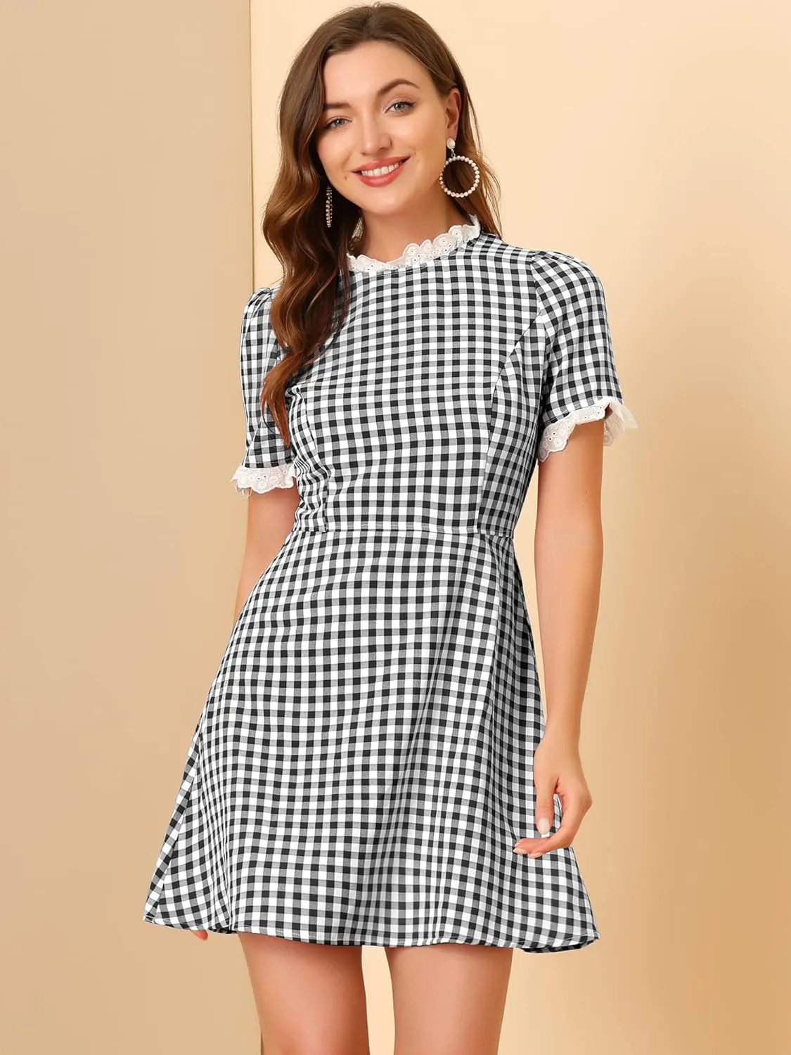Allegra K Women's Halloween Dorothy Dress Costume Summer Ruffle Neck Lace Panel Short Sleeve Check Gingham Dress