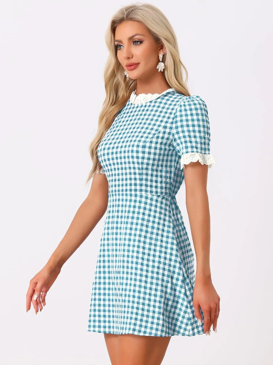 Allegra K Women's Halloween Dorothy Dress Costume Summer Ruffle Neck Lace Panel Short Sleeve Check Gingham Dress