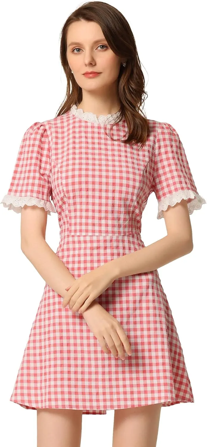 Allegra K Women's Halloween Dorothy Dress Costume Summer Ruffle Neck Lace Panel Short Sleeve Check Gingham Dress