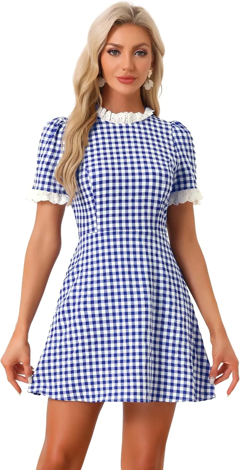 Allegra K Women's Halloween Dorothy Dress Costume Summer Ruffle Neck Lace Panel Short Sleeve Check Gingham Dress
