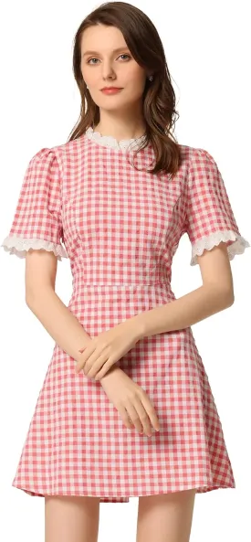 Allegra K Women's Halloween Dorothy Dress Costume Summer Ruffle Neck Lace Panel Short Sleeve Check Gingham Dress
