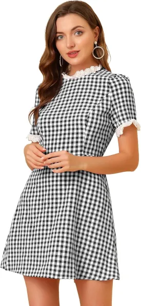 Allegra K Women's Halloween Dorothy Dress Costume Summer Ruffle Neck Lace Panel Short Sleeve Check Gingham Dress