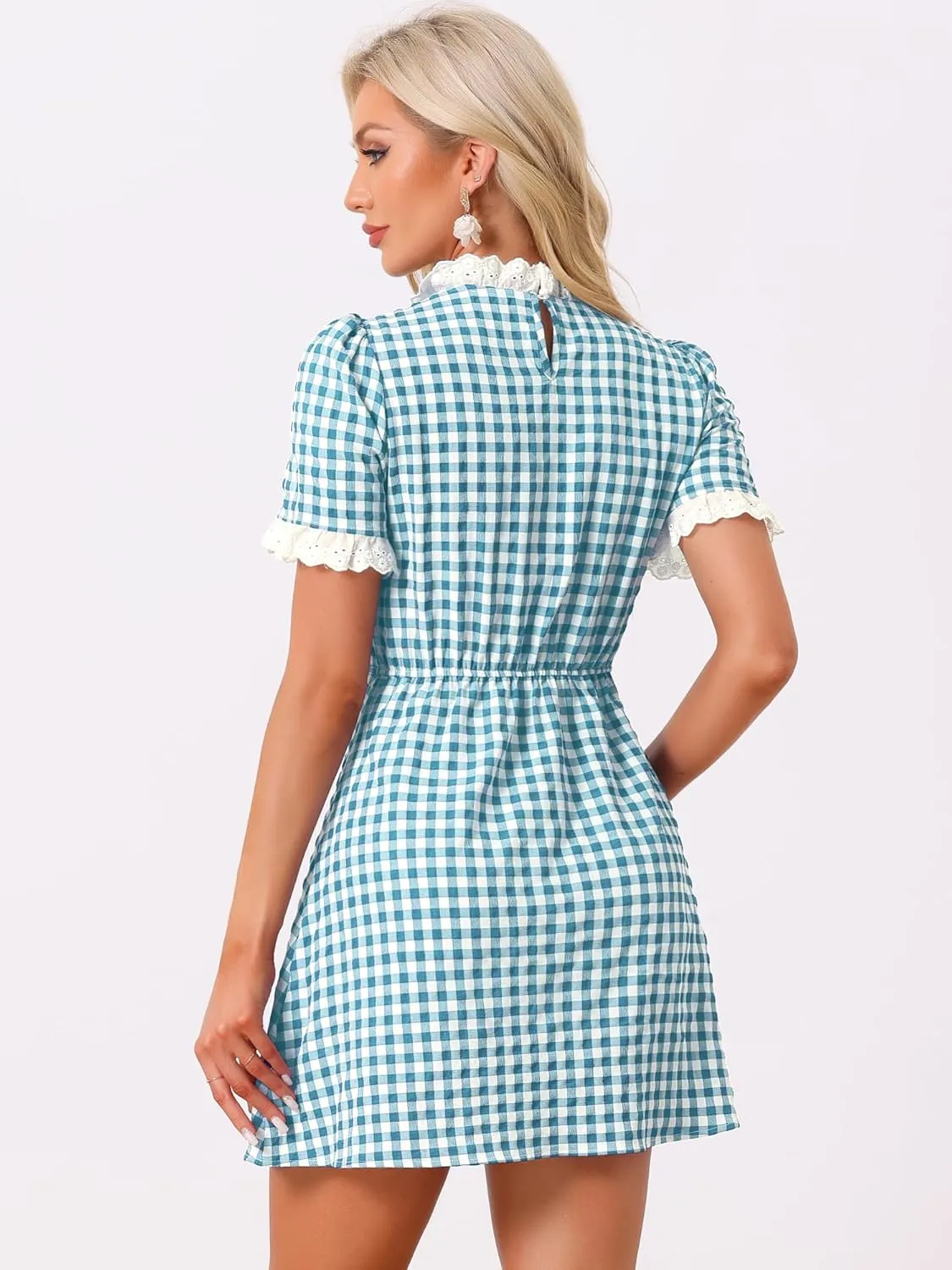 Allegra K Women's Halloween Dorothy Dress Costume Summer Ruffle Neck Lace Panel Short Sleeve Check Gingham Dress