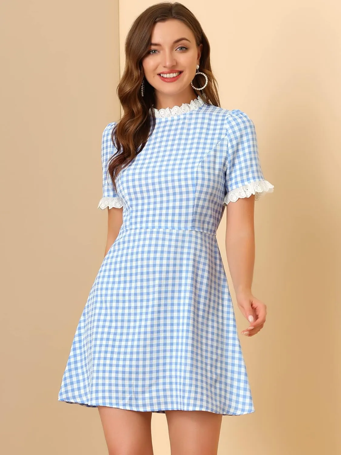Allegra K Women's Halloween Dorothy Dress Costume Summer Ruffle Neck Lace Panel Short Sleeve Check Gingham Dress