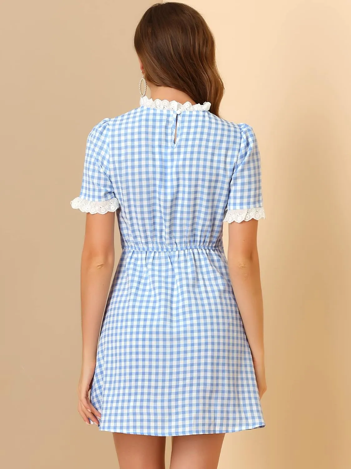Allegra K Women's Halloween Dorothy Dress Costume Summer Ruffle Neck Lace Panel Short Sleeve Check Gingham Dress