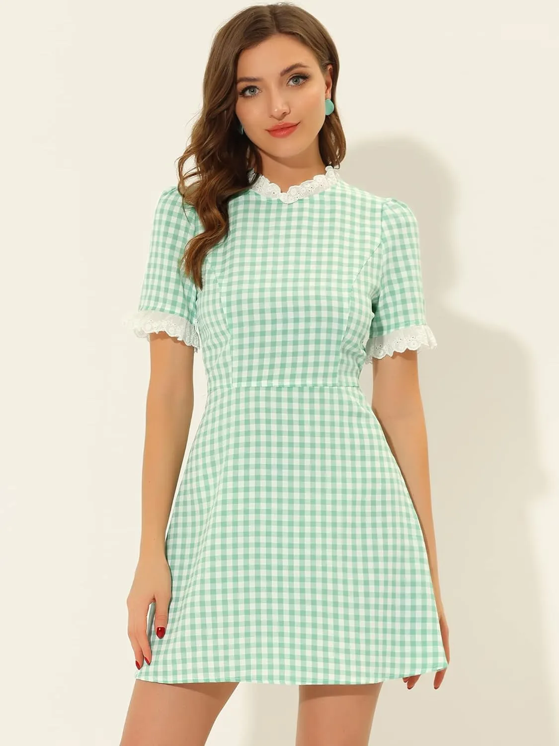 Allegra K Women's Halloween Dorothy Dress Costume Summer Ruffle Neck Lace Panel Short Sleeve Check Gingham Dress