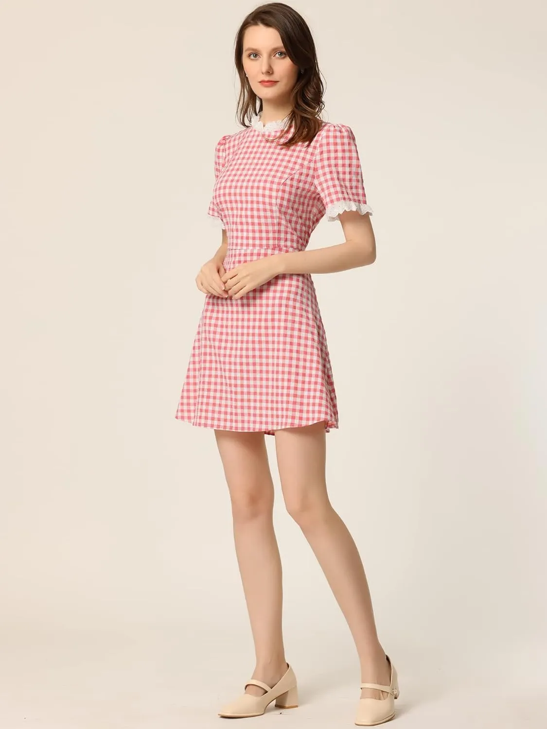 Allegra K Women's Halloween Dorothy Dress Costume Summer Ruffle Neck Lace Panel Short Sleeve Check Gingham Dress