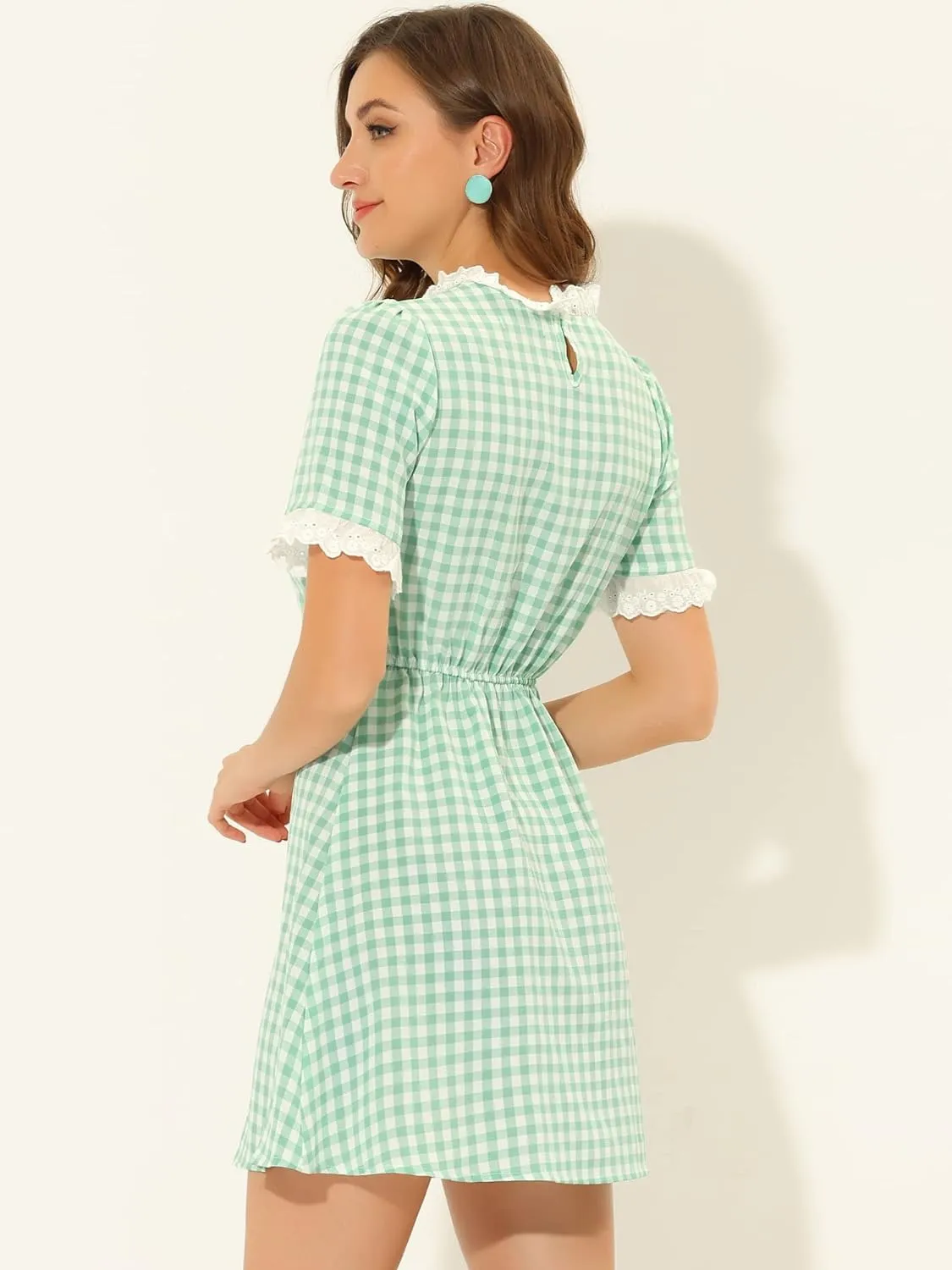 Allegra K Women's Halloween Dorothy Dress Costume Summer Ruffle Neck Lace Panel Short Sleeve Check Gingham Dress