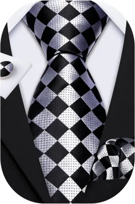 Barry.Wang Designer Classic Ties for Men Set Formal Pocket Square Cufflink Check Plaid
