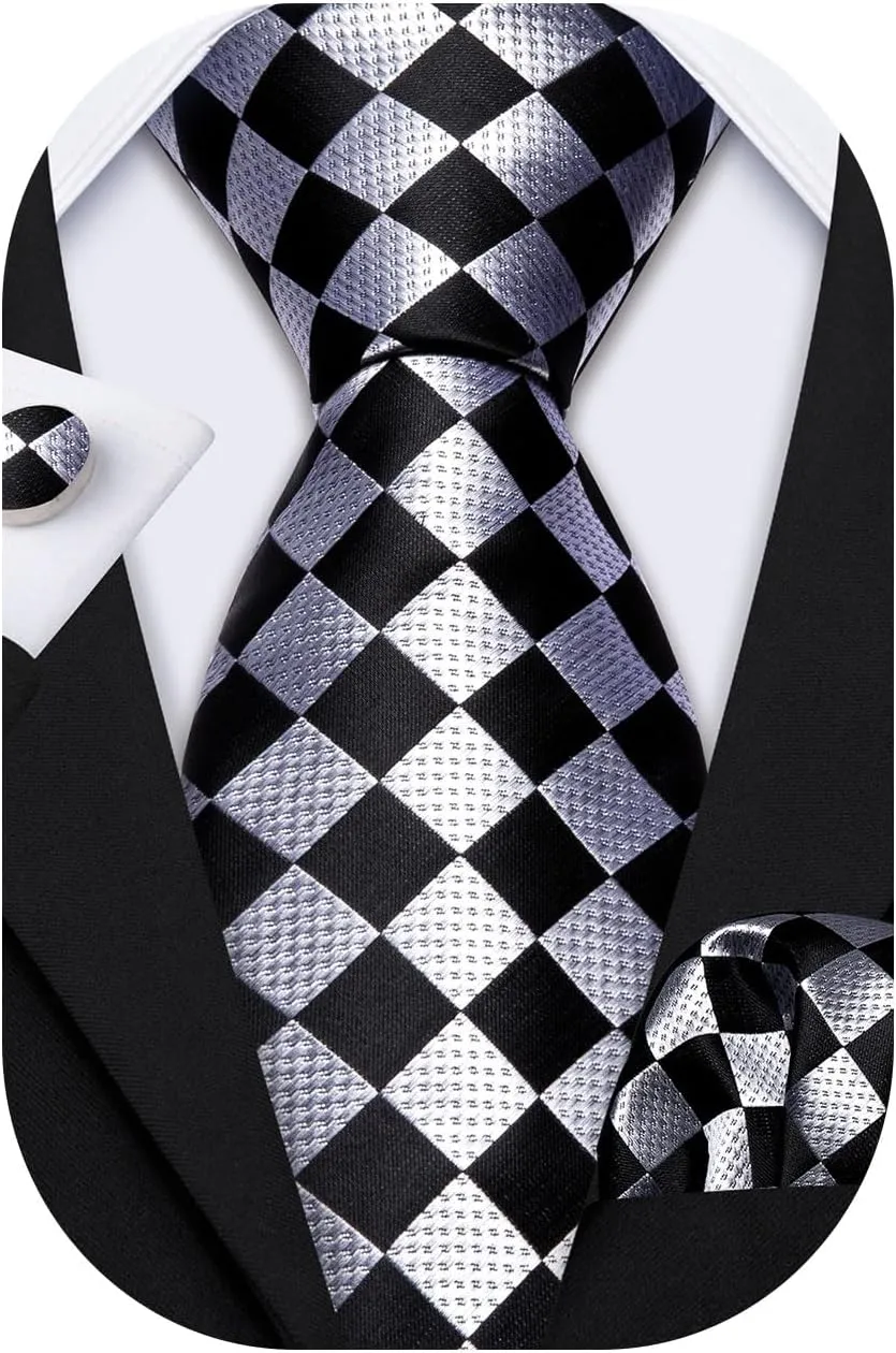 Barry.Wang Designer Classic Ties for Men Set Formal Pocket Square Cufflink Check Plaid
