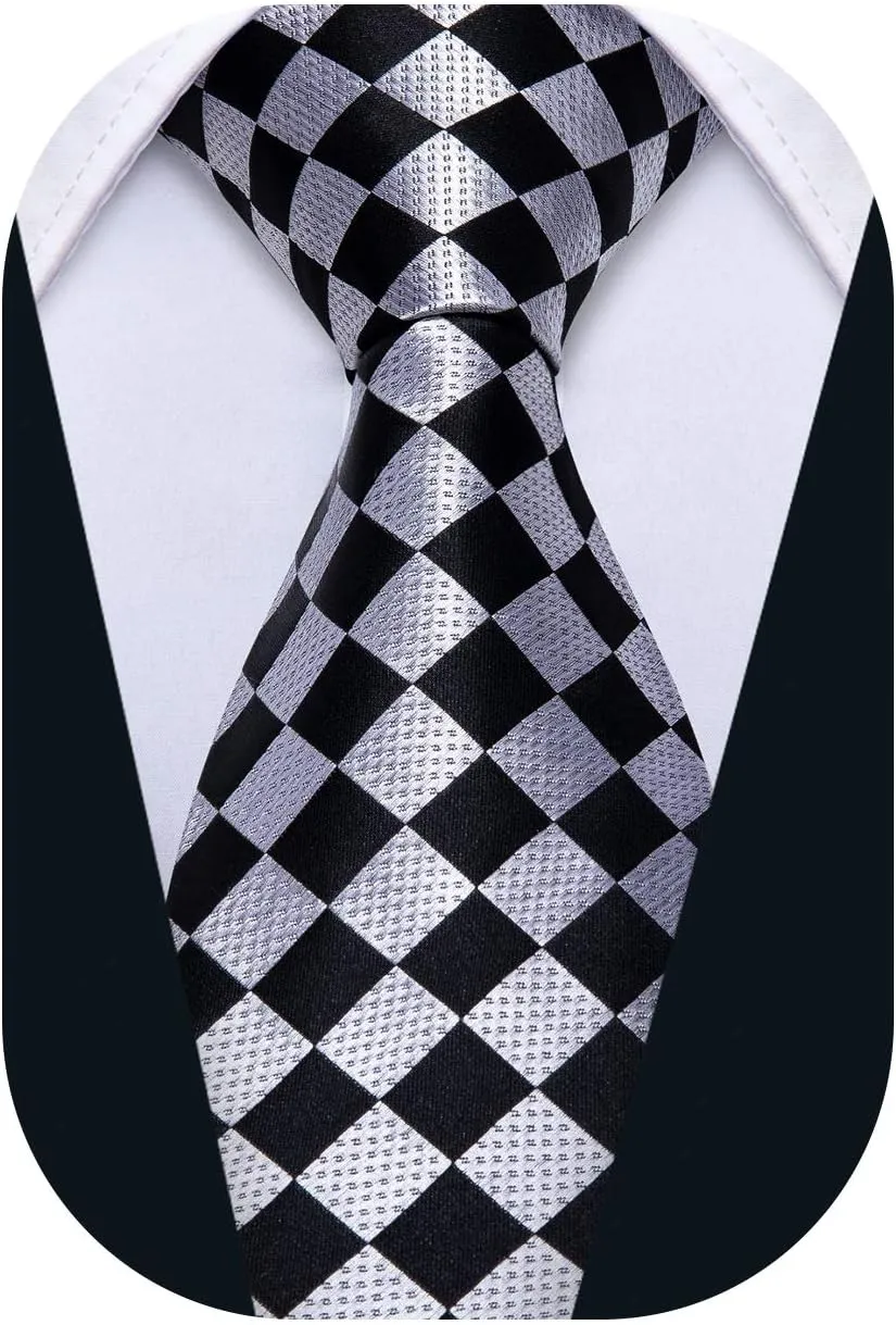 Barry.Wang Designer Classic Ties for Men Set Formal Pocket Square Cufflink Check Plaid