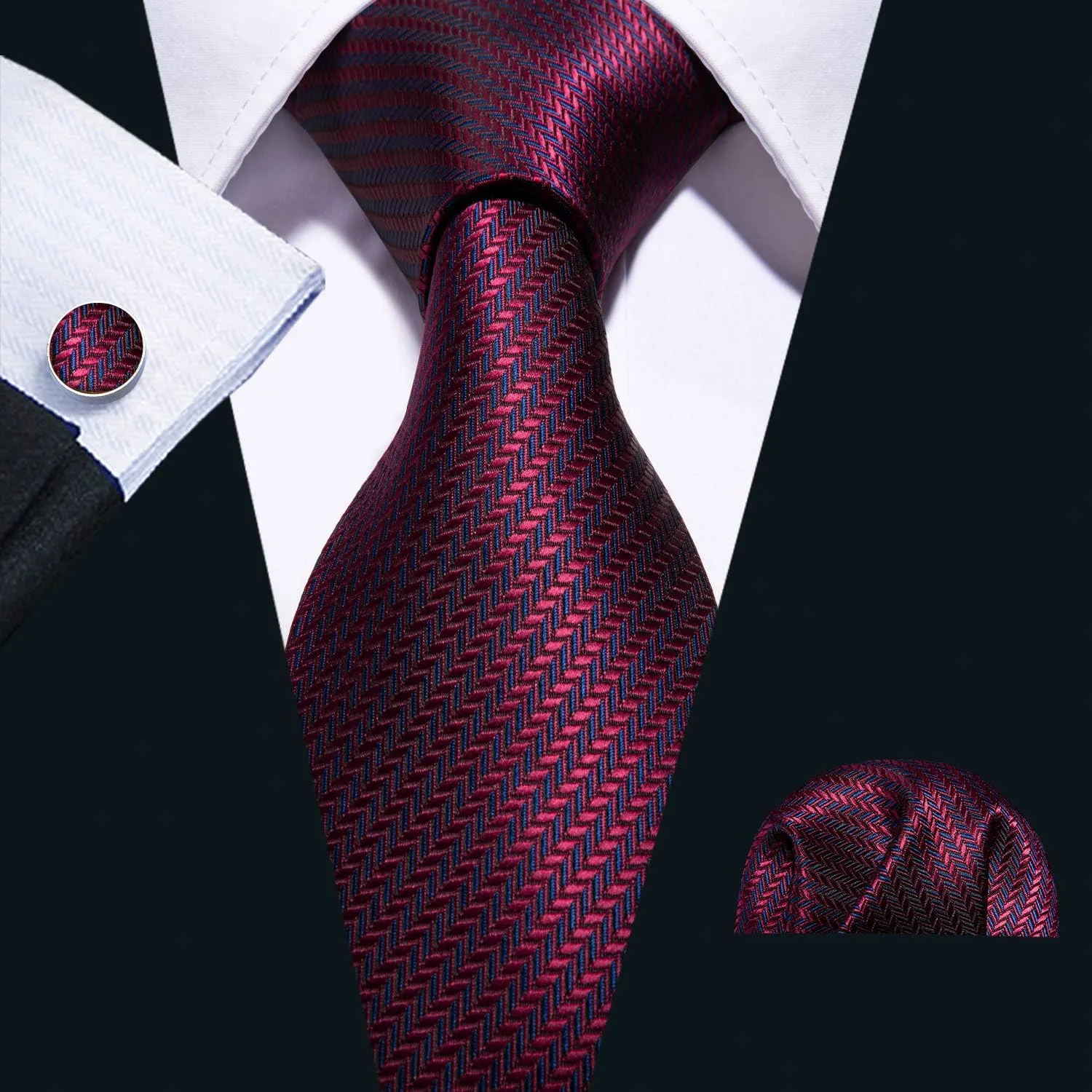 Barry.Wang Designer Classic Ties for Men Set Formal Pocket Square Cufflink Check Plaid