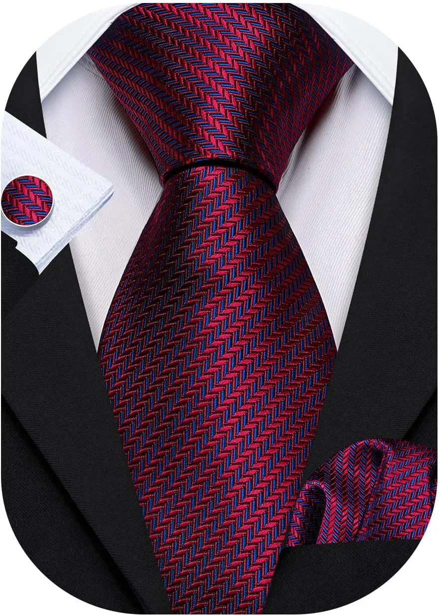 Barry.Wang Designer Classic Ties for Men Set Formal Pocket Square Cufflink Check Plaid