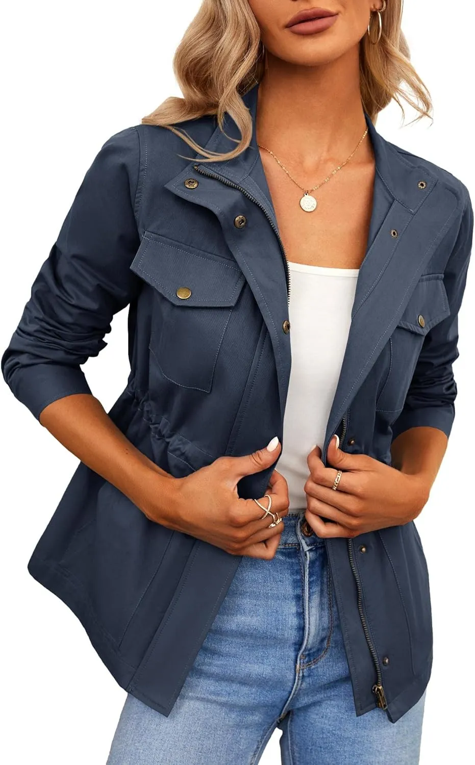 Chang Yun Jackets For Women Military Safari Utility Anorak Zip Up Snap Buttons Lightweight Drawstring Coat with Pockets