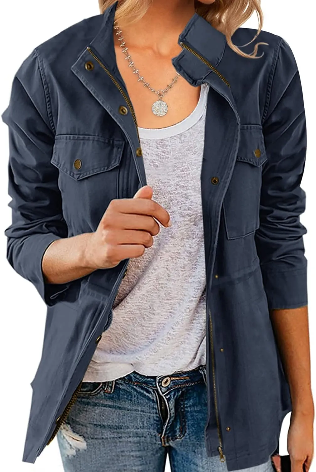 Chang Yun Jackets For Women Military Safari Utility Anorak Zip Up Snap Buttons Lightweight Drawstring Coat with Pockets