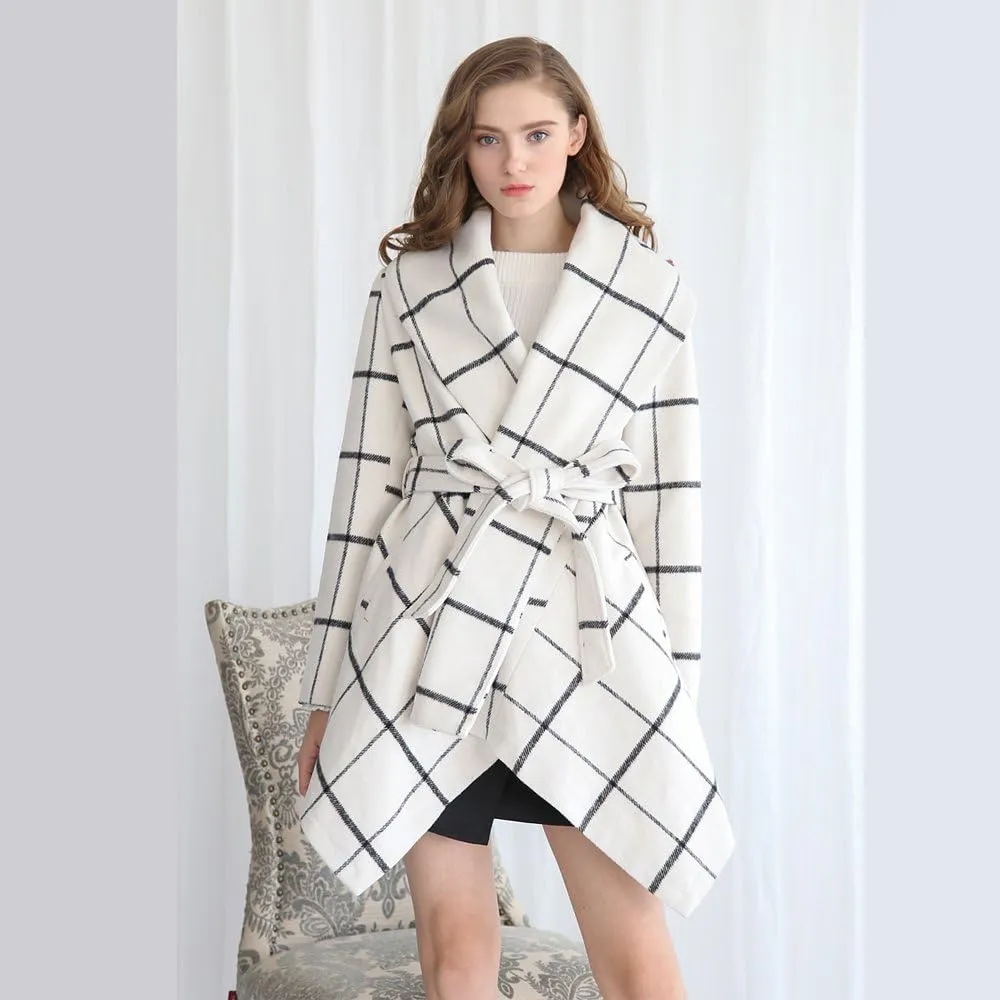 CHICWISH Women's Turn Down Shawl Collar Earth Tone Check Asymmetric Hemline Wool Blend Coat