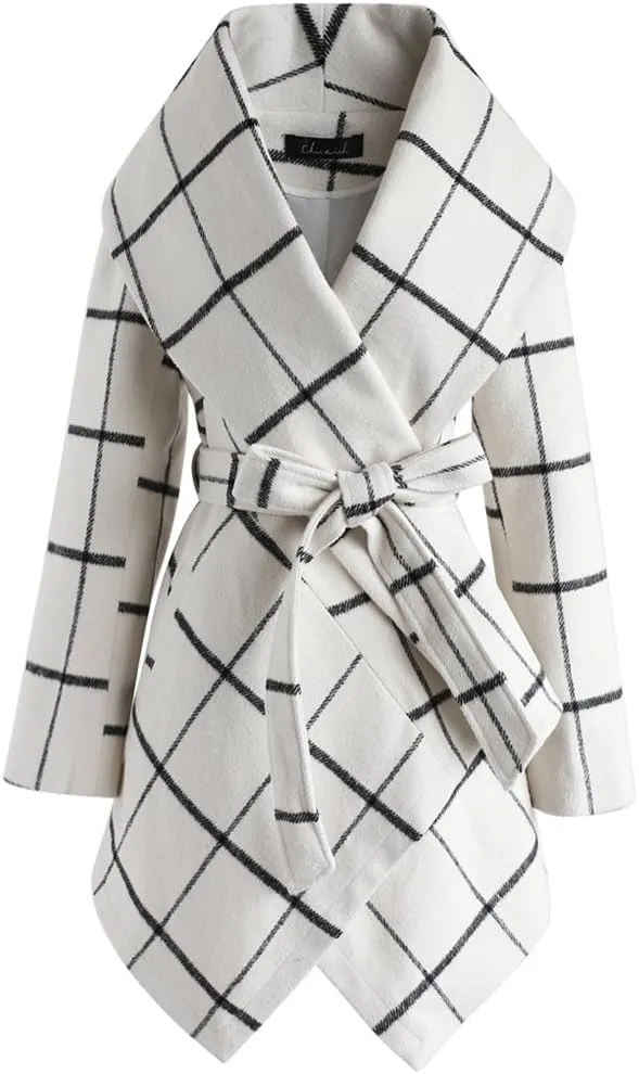 CHICWISH Women's Turn Down Shawl Collar Earth Tone Check Asymmetric Hemline Wool Blend Coat
