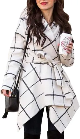 CHICWISH Women's Turn Down Shawl Collar Earth Tone Check Asymmetric Hemline Wool Blend Coat