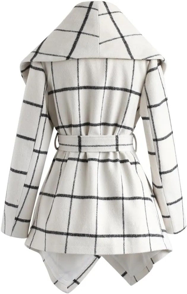 CHICWISH Women's Turn Down Shawl Collar Earth Tone Check Asymmetric Hemline Wool Blend Coat