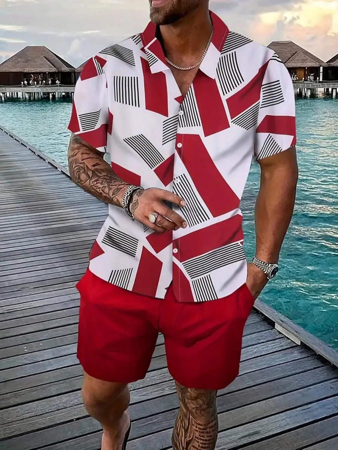 COZYEASE Men's 2 Piece Hawaiian Outfits Short Sleeve Button Down Shirt and Shorts Set Beach Tracksuits
