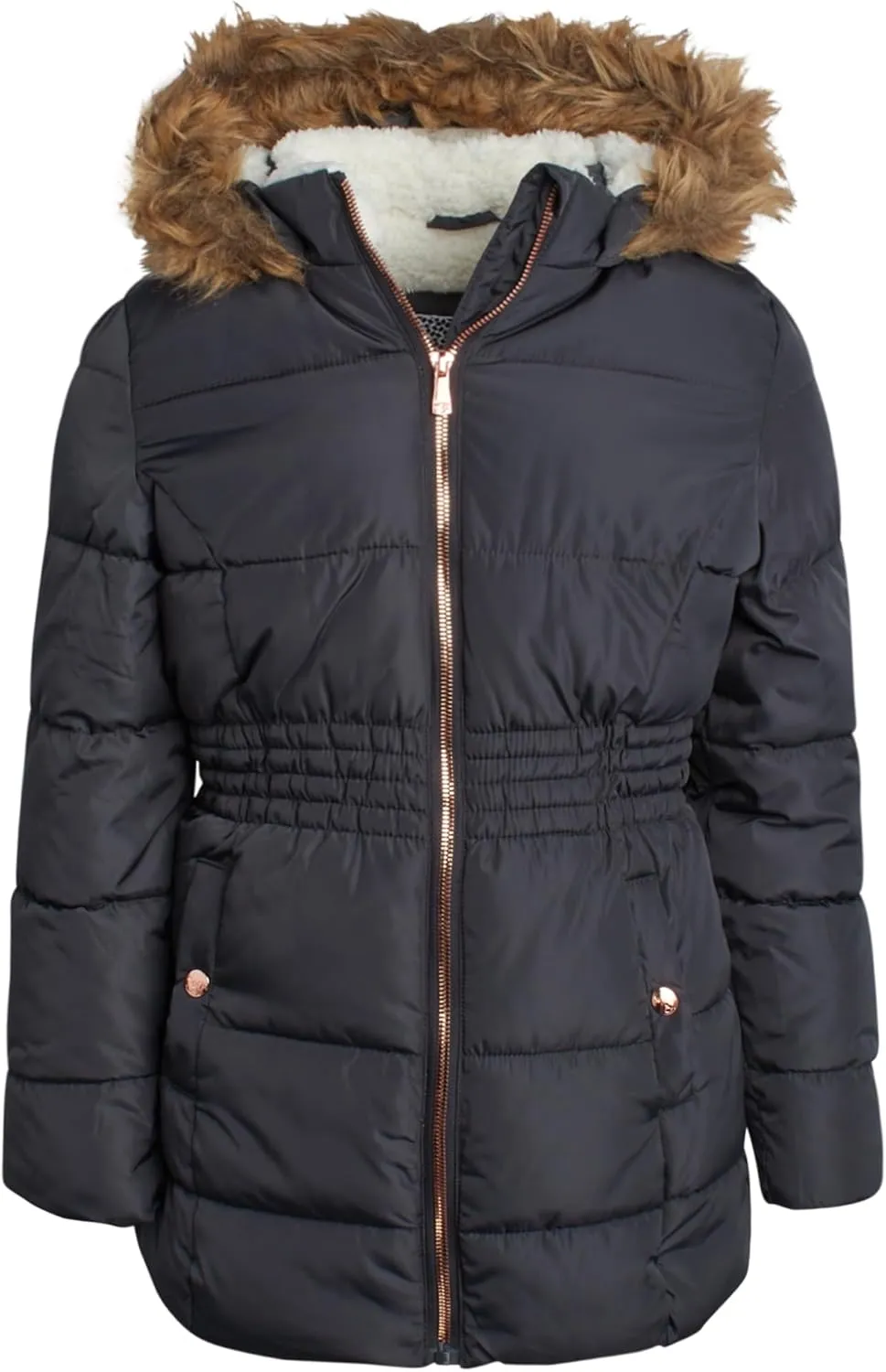 Girls Quilted Puffer Anorak Jacket - Cozy Sherpa Lined Faux Fur Trim Hooded Winter Coat with Cinched Waist (7-16)