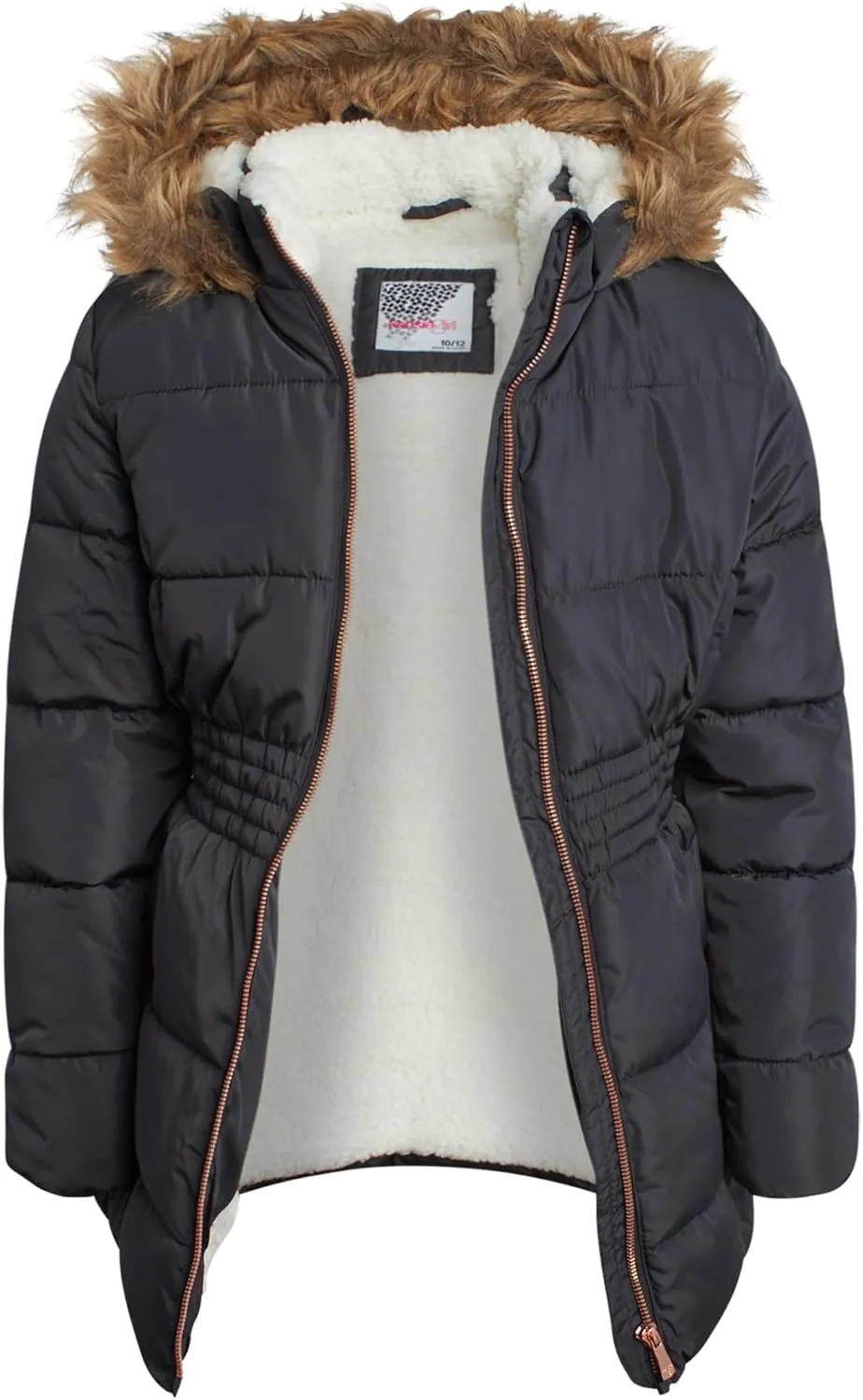 Girls Quilted Puffer Anorak Jacket - Cozy Sherpa Lined Faux Fur Trim Hooded Winter Coat with Cinched Waist (7-16)