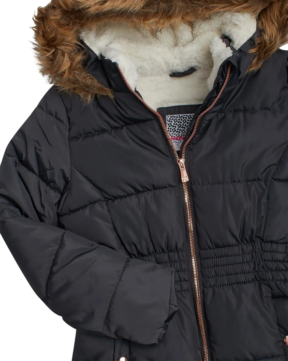 Girls Quilted Puffer Anorak Jacket - Cozy Sherpa Lined Faux Fur Trim Hooded Winter Coat with Cinched Waist (7-16)