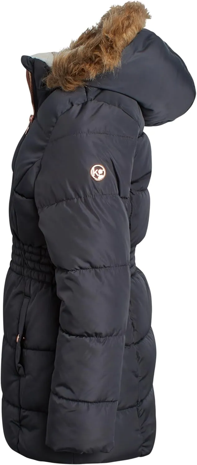 Girls Quilted Puffer Anorak Jacket - Cozy Sherpa Lined Faux Fur Trim Hooded Winter Coat with Cinched Waist (7-16)