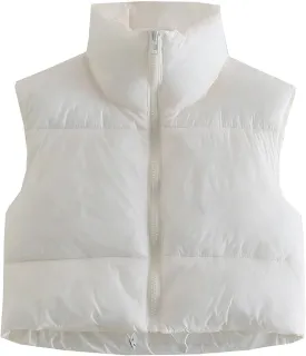 Hixiaohe Women's Winter Crop Vest Puffer Lightweight Stand Collar Padded Vest Zip Up Sleeveless Jacket