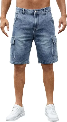 LONGBIDA Men's Loose Fit Denim Cargo Shorts with Multi Pockets