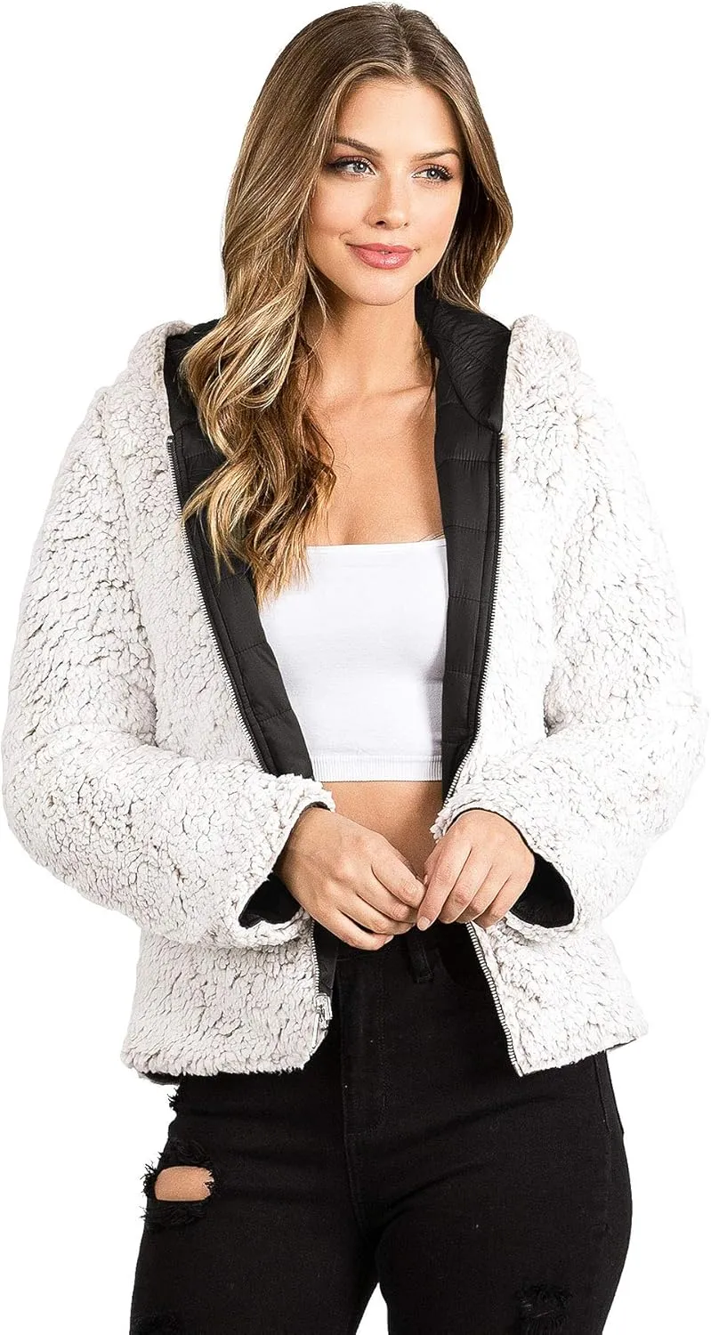 Love Tree Women's Juniors Reversible Hooded Teddy Bear Slim Puffer Jacket