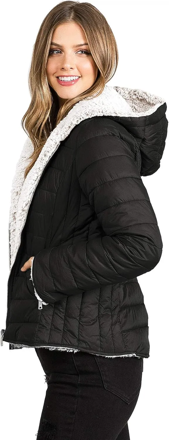 Love Tree Women's Juniors Reversible Hooded Teddy Bear Slim Puffer Jacket